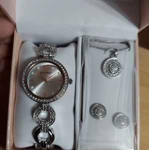 Ellen Tracy Silver-Faceted-Beveled Pave'/Crystal Watch, Earrings & Necklace Set
